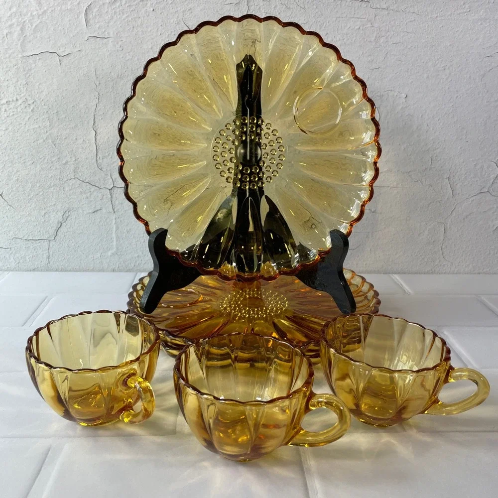 Vintage Hazel Atlas Glass AMBER Yellow Gold Sun Petal Snack Set 3 Plates 3 Cups